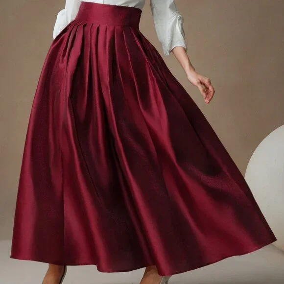 Burgundy Elegant Women's High Waisted Puff Princess Style Skirt Maxi